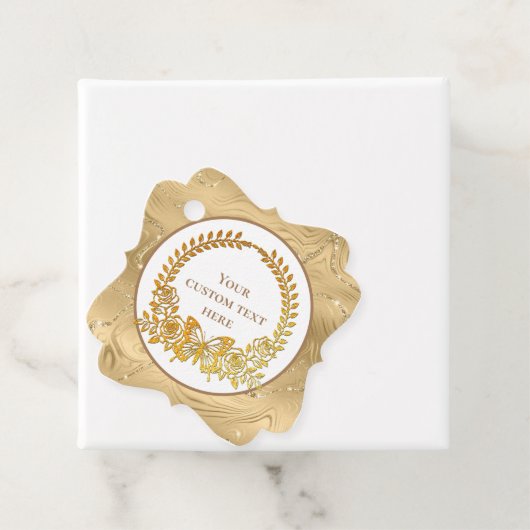 Aangepaste tekst, gouden vlinder en bloem bedankjes labels (In situ)