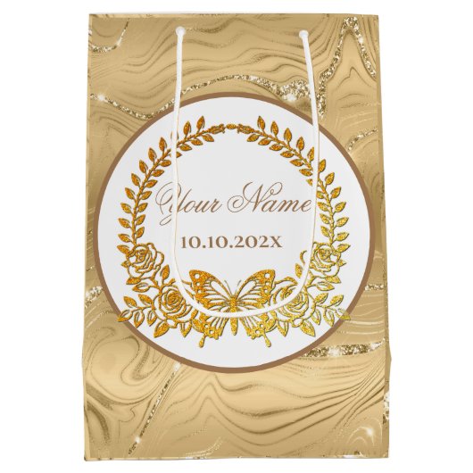 Aangepaste tekst, gouden vlinder en bloem medium cadeauzakje (Achterkant)
