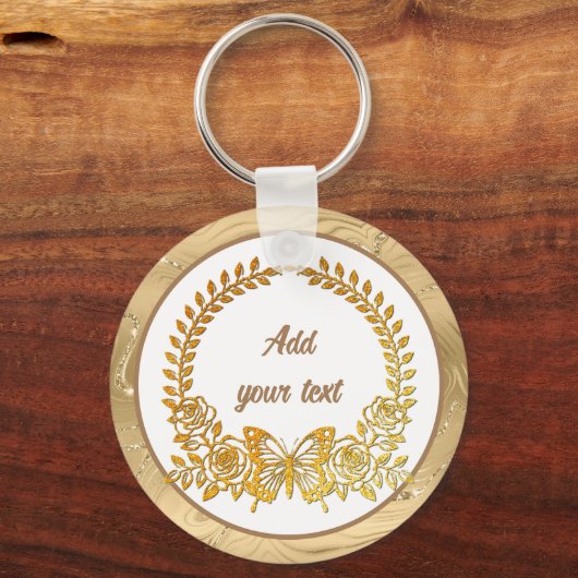 Aangepaste tekst, gouden vlinder en bloem sleutelhanger (Achterkant)