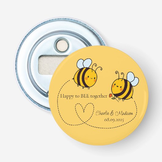 Aangepaste tekst Happy Love Bees Button Flesopener (Voorkant)