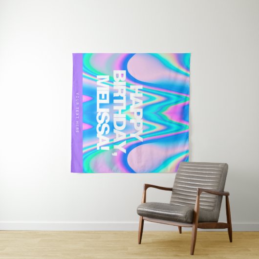 Aangepaste tekst Holographic Iridescent Y2K Party Wandkleed (In Situ (horizontaal))
