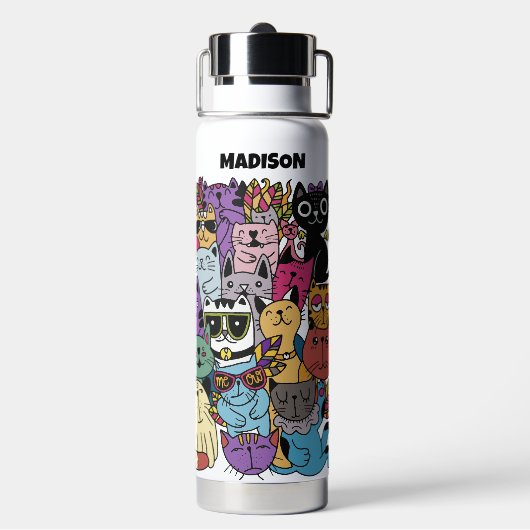 Aangepaste tekst & kleur Grappige katten illustrat Waterfles (Achterkant)