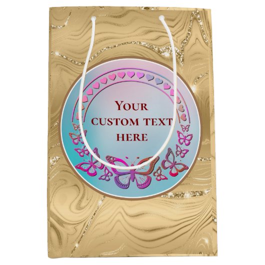Aangepaste tekst, kleurrijke vlinders en hartliefd medium cadeauzakje (Voorkant)