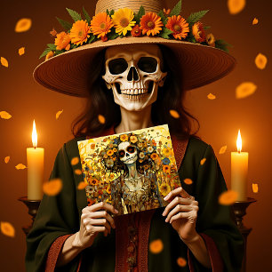 Aangepaste tekst 💀 La Calavera Catrina met bloeme Briefkaart