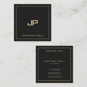 Aangepaste tekst Monogram Luxe Elegant Zwart en Go Vierkante Visitekaartje