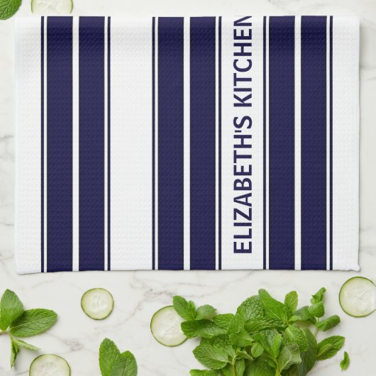 Aangepaste tekst Navy Blue en White Striped Theedoek (Gevouwen)