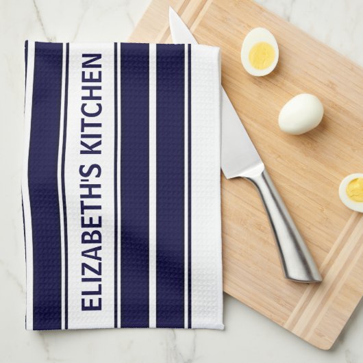 Aangepaste tekst Navy Blue en White Striped Theedoek (Quarter Fold)