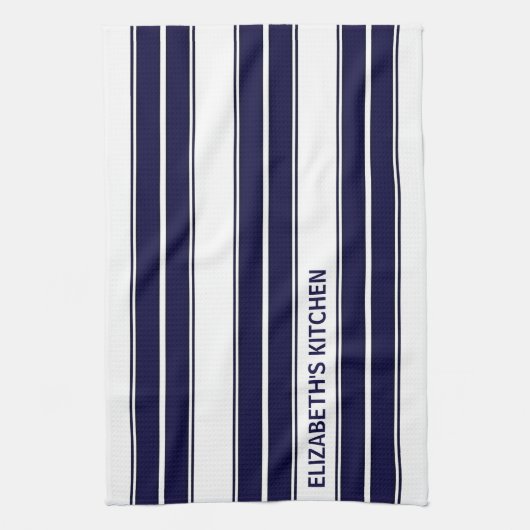 Aangepaste tekst Navy Blue en White Striped Theedoek (Verticaal)