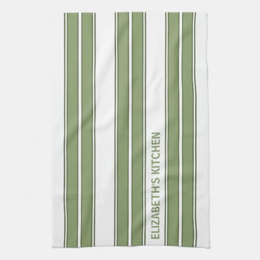 Aangepaste tekst Olive Green en White Striped Theedoek (Verticaal)