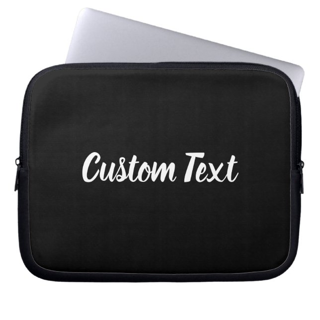Aangepaste tekst op zwart met wit script laptop sleeve (Voorkant)