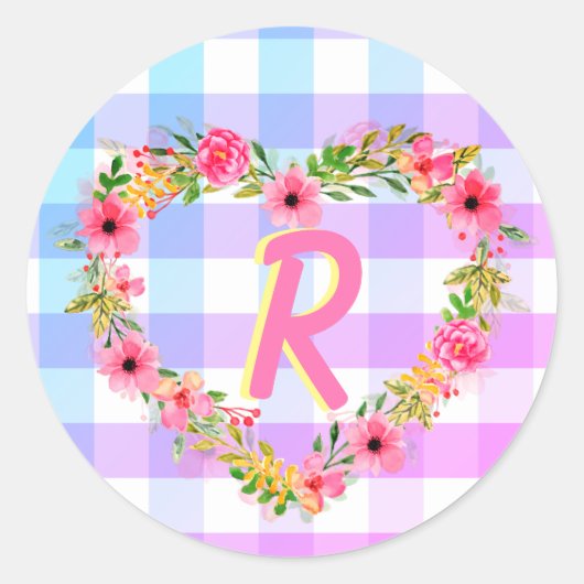 Aangepaste tekst / pasta Gingham Floral Heart Wrea Ronde Sticker (Voorkant)
