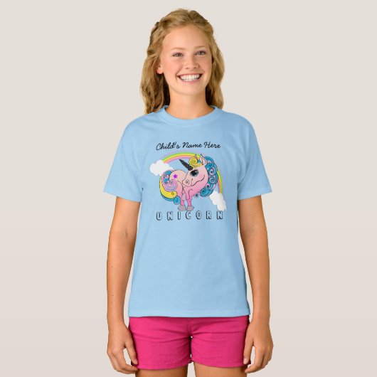 Aangepaste tekst/pastel Unicorn regenboogwolken T-shirt (Voorkant volledig)