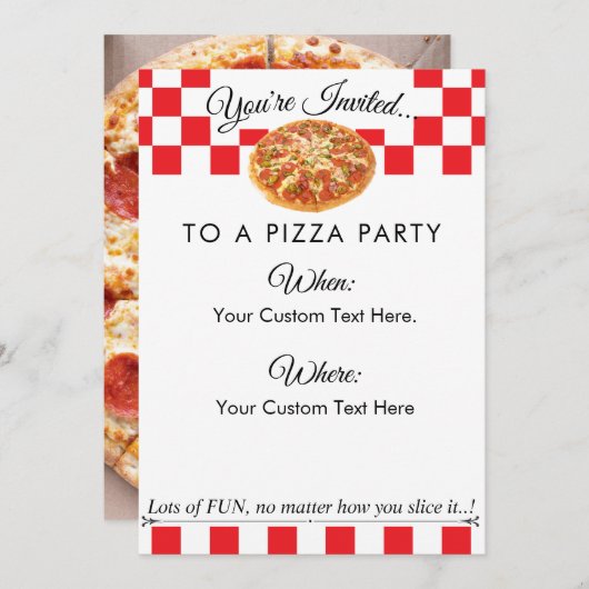 Aangepaste tekst Pizza Party|Leuk Rood Wit Checker Kaart (Voorkant / Achterkant)