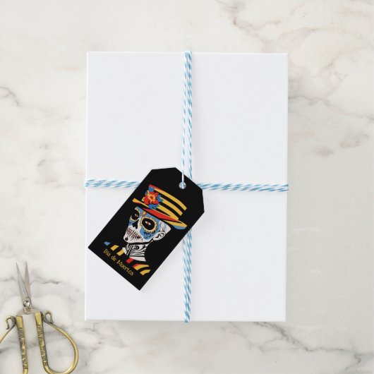 Aangepaste tekst 💀 Pop Art Calavera in pet Cadeaulabel (Met Touw)