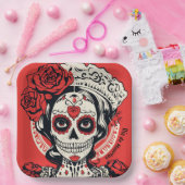 Aangepaste tekst 💀 Pop Art Calavera rood & wit Papieren Bordje (Feest)