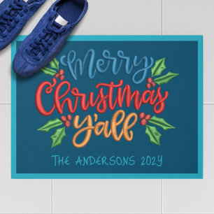 Aangepaste tekst Prettig kerstfeest Y'ALL BLAUW RO Deurmat