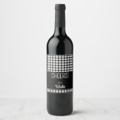 Aangepaste tekst, PROOST Zwart & Wit Houndstooth ( Wijn Etiket (Voorkant)