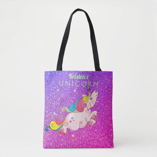 Aangepaste tekst/ Rainbow Kawaii Eenhoorn Glitter Draagtas (Voorkant)