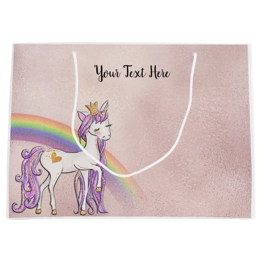 Aangepaste tekst/Roos Gold White Unicorn Rainbow Groot Cadeauzakje (Voorkant)