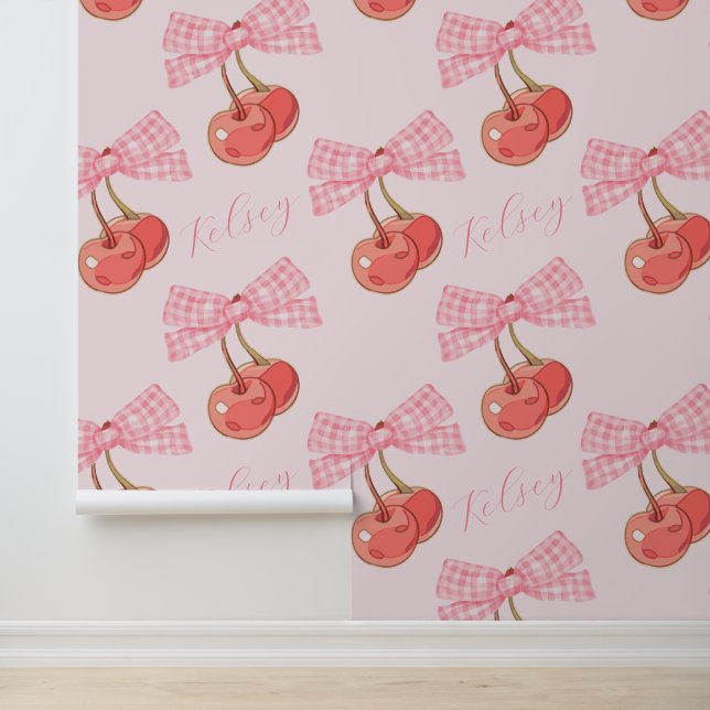 Aangepaste Tekst Roze Coquette Bogen en Kersen Behang (Applicatie)