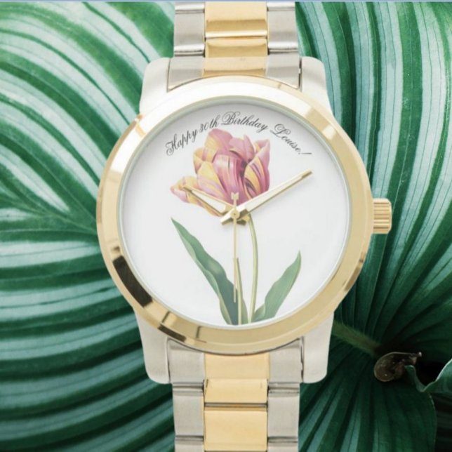 Aangepaste (tekst) roze en gele tulp Waterverf Horloge (Creator heeft geüpload)