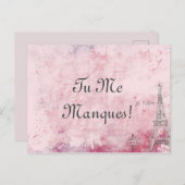 Aangepaste tekst roze Ik mis je Parijs Eiffel Fran Briefkaart (Voorkant / Achterkant)