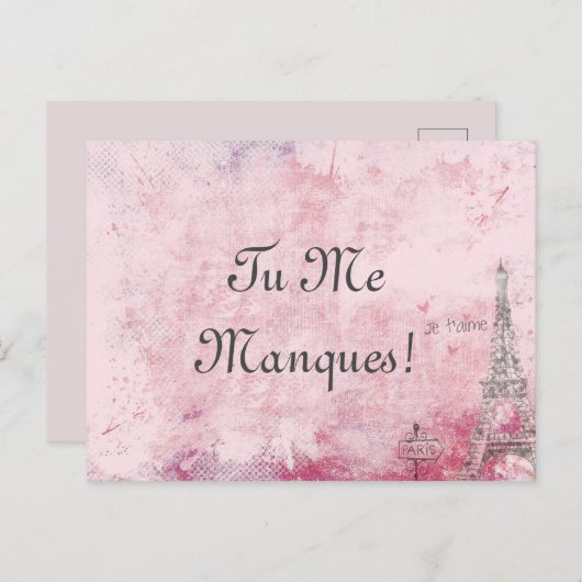 Aangepaste tekst roze Ik mis je Parijs Eiffel Fran Briefkaart (Voorkant / Achterkant)