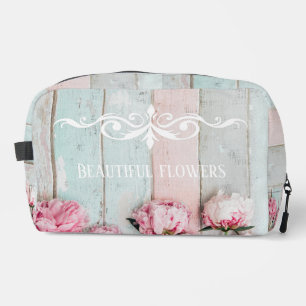 Aangepaste tekst Rustiek pastelhout Roze bloemen M Toilettasje