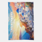 Aangepaste tekst Santorini Griekenland Sunset Theedoek (Verticaal)