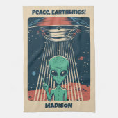 Aangepaste tekst UFO Alien Theedoek (Verticaal)