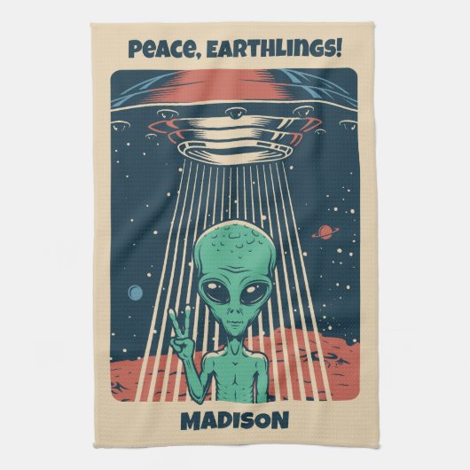 Aangepaste tekst UFO Alien Theedoek (Verticaal)