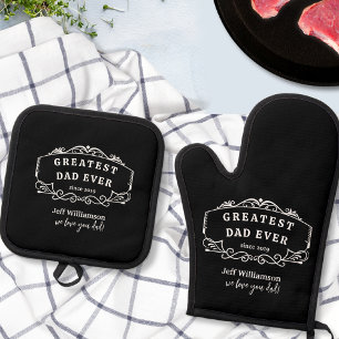 Aangepaste tekst, Vaderdag Gift, Zwart-wit Ovenwant & Pannenlap Set
