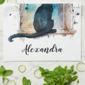 Aangepaste tekst voor beste kat-mam in elk venster theedoek (Gevouwen)