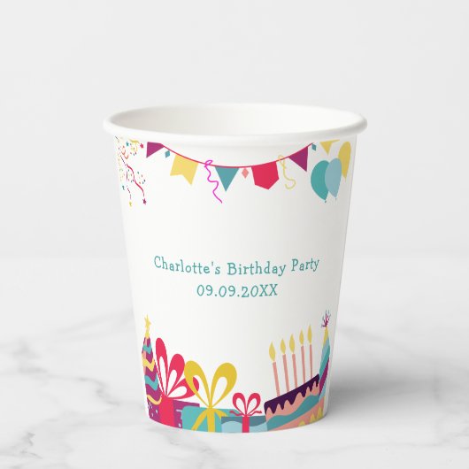 Aangepaste tekst Vrolijk kleurrijk verjaardagsfees Papieren Bekers (Achterkant)