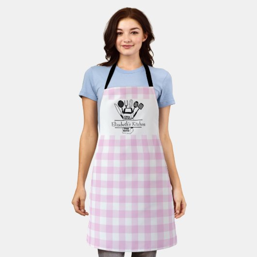 Aangepaste tekst Wit en Roze Buffel Plaid Schort (Gedragen)