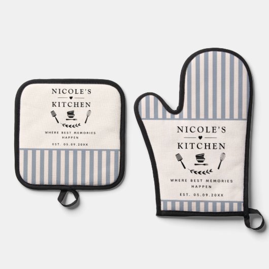 Aangepaste tekst, witte en blauwe strepen Schattig Ovenwant & Pannenlap Set (Voorkant)
