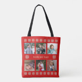 Aangepaste tekst zes foto's winterbloemen rood tote bag (Achterkant)