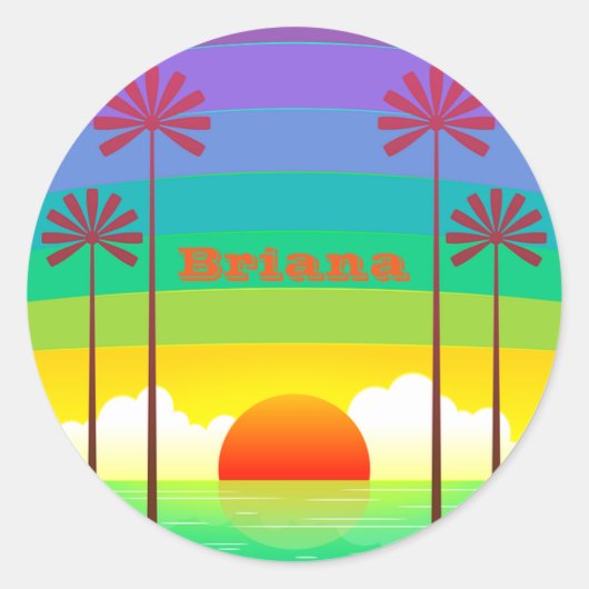 Aangepaste tekst  zomerzonsondergang palmbomen ronde sticker (Voorkant)
