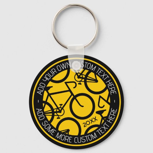 Aangepaste tekstfiets, geel en zwart sleutelhanger (Voorkant)