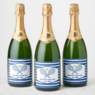 Aangepaste Tennis Country Club Blauw Gestreept Sparkling Wijnetiket