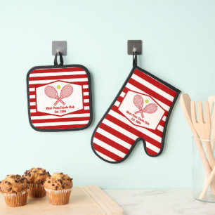 Aangepaste Tennis Country Club rood gestreept Ovenwant & Pannenlap Set