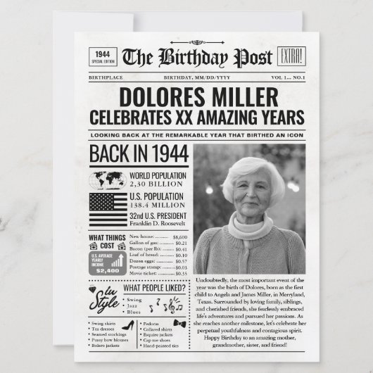 Aangepaste Terug in 1944 krant Verjaardag Kaart, T Feestdagenkaart (Voorkant)