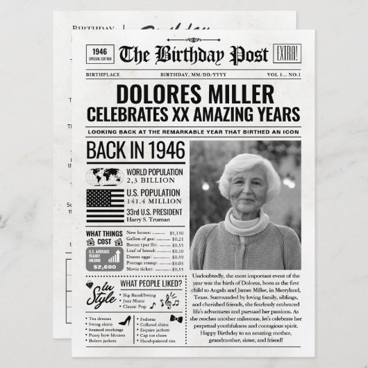 Aangepaste Terug in 1946 krant Verjaardag Kaart, T Feestdagenkaart (Voorkant / Achterkant)