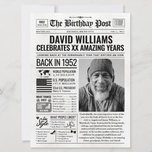 Aangepaste Terug in 1952 krant Verjaardag Kaart, T Feestdagenkaart (Voorkant)