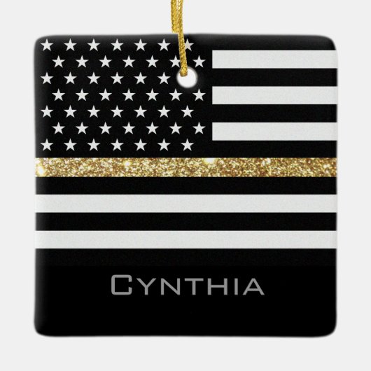 Aangepaste thin Gold Line Glitter Flag Keramisch Ornament (Voorkant)