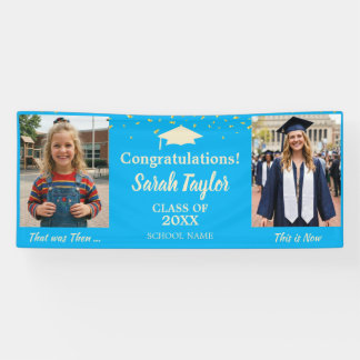 Aangepaste Toen en Nu 2 Foto Afstuderen Blauw Spandoek