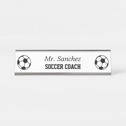 Aangepaste trainer zwart-wit voetbal logo bureau naambordje (Voorkant)