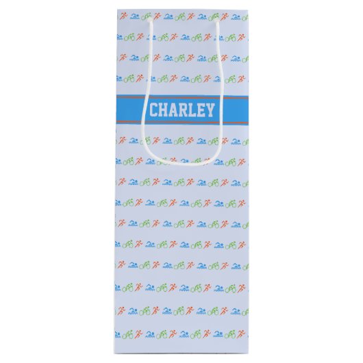 aangepaste triathlon-patroonnaam wijn cadeautas (Voorkant)