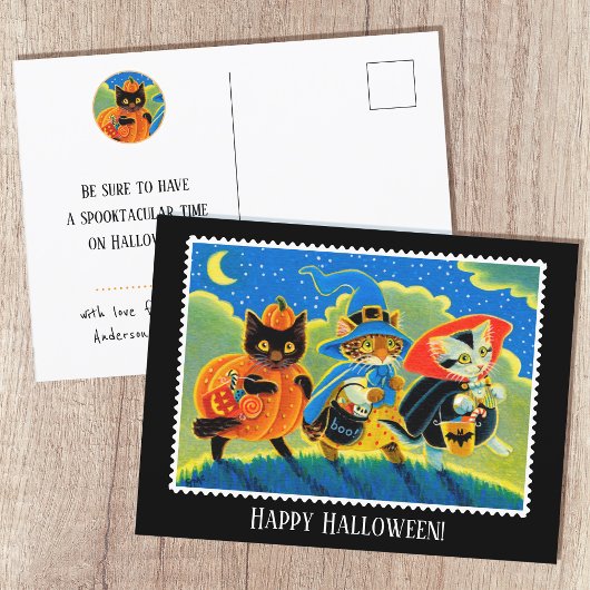 Aangepaste Trick or treat Halloween Cat Witch Briefkaart