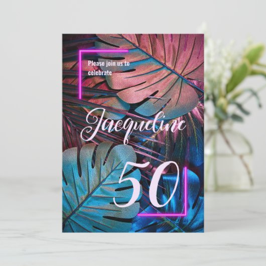 Aangepaste tropische bladeren Neon Pink 50e verjaa Kaart (Staand voorkant)